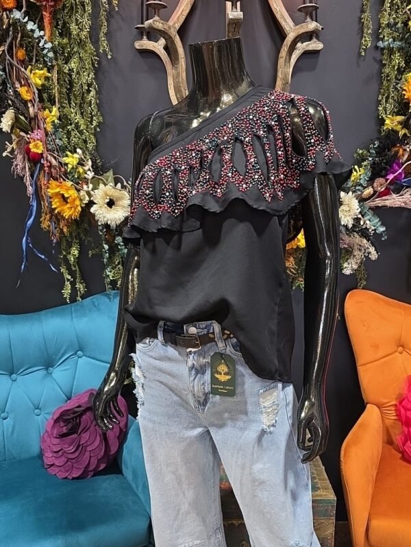 Chloe Oliver Beaded one-shoulder ruffle blouse