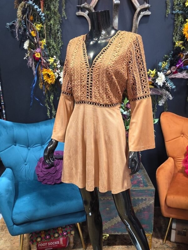 Beyond The Radar Boho crochet faux suede mini dress